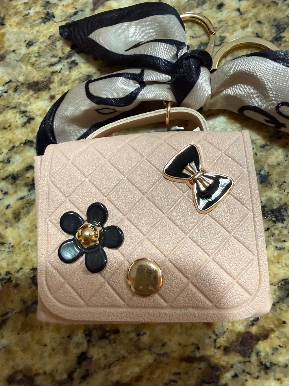 Quilted Blush Mini Bag  charm or keychain with Bow & Flower accents